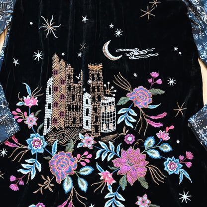 View of Johnny Was multicolor velvet shirt with floral embroidery on back