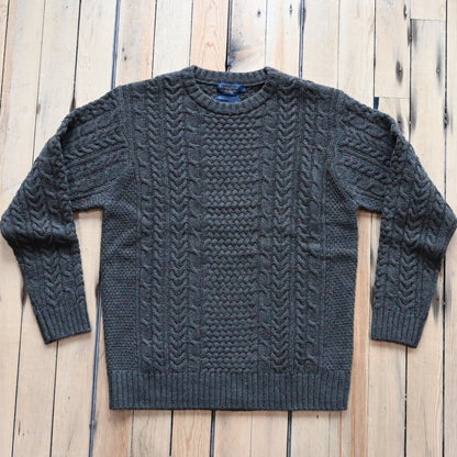 View of Pendleton men’s wool fisherman sweater in Camo Heather with cable knit