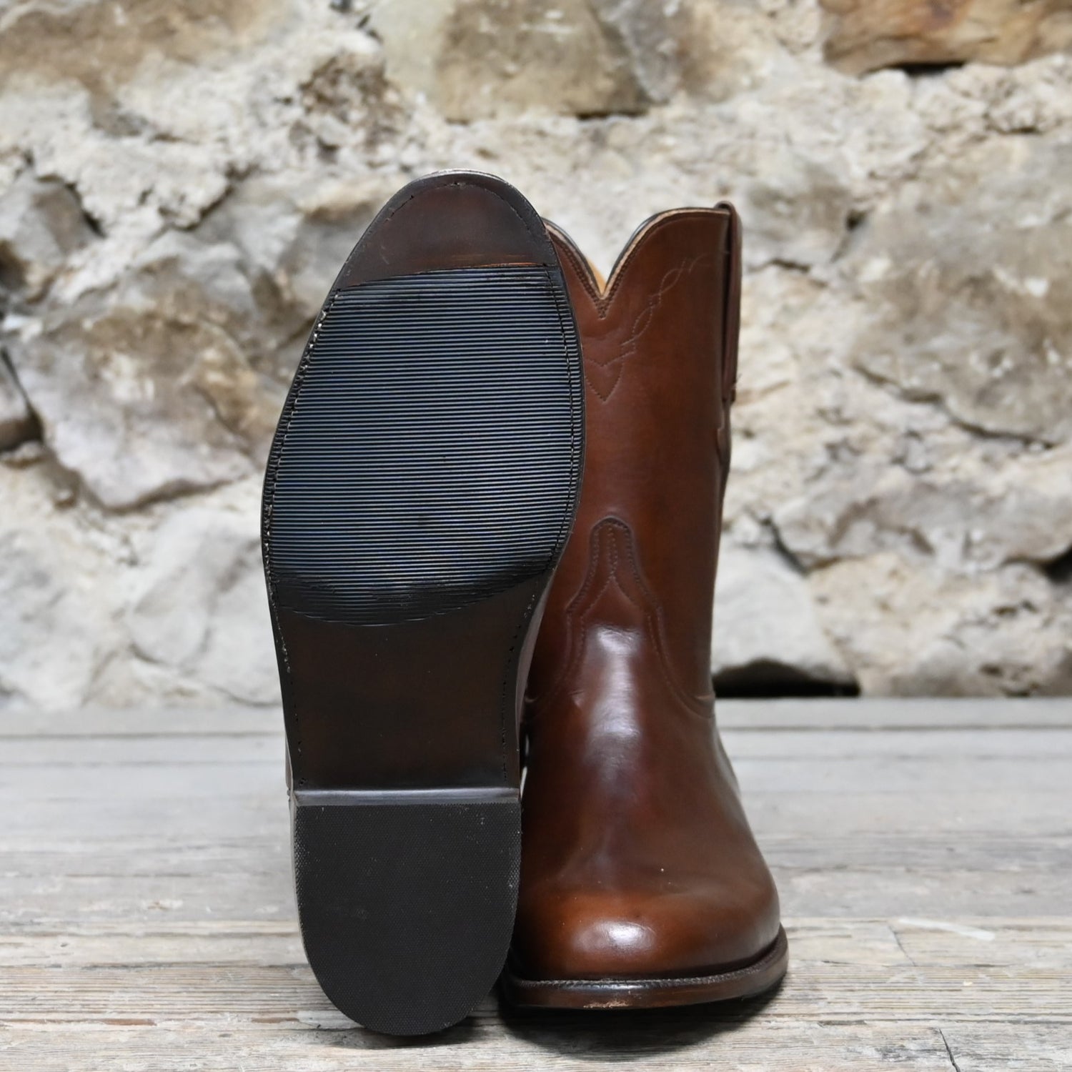 Lucchese men’s 10-inch chocolate calf leather roper boot with rich finish and classic shaft