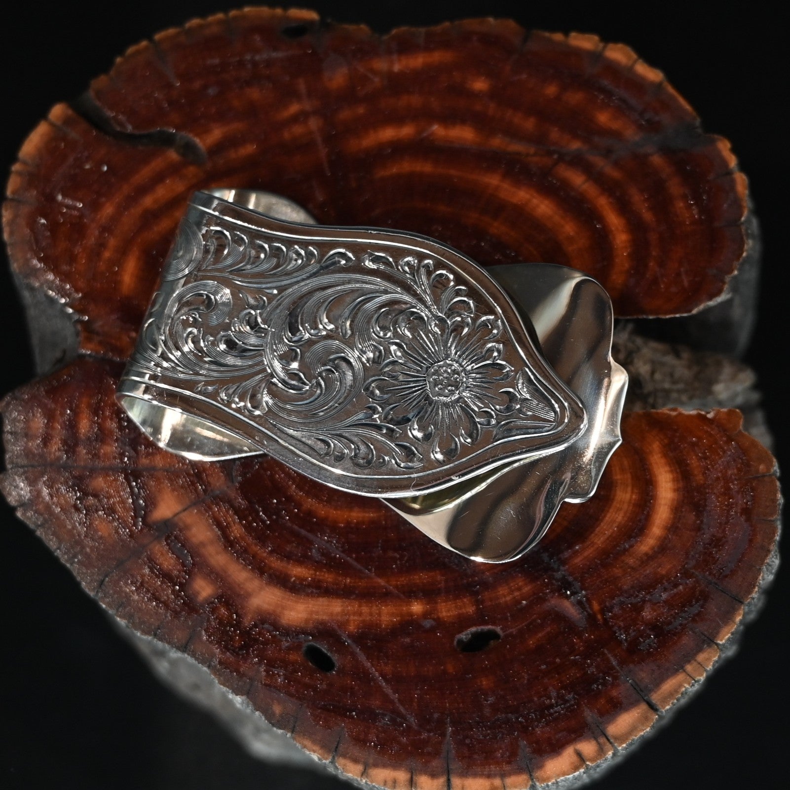 Vogt Silversmiths Vaquero sterling silver money clip with hand-engraved floral scrollwork and scalloped edges