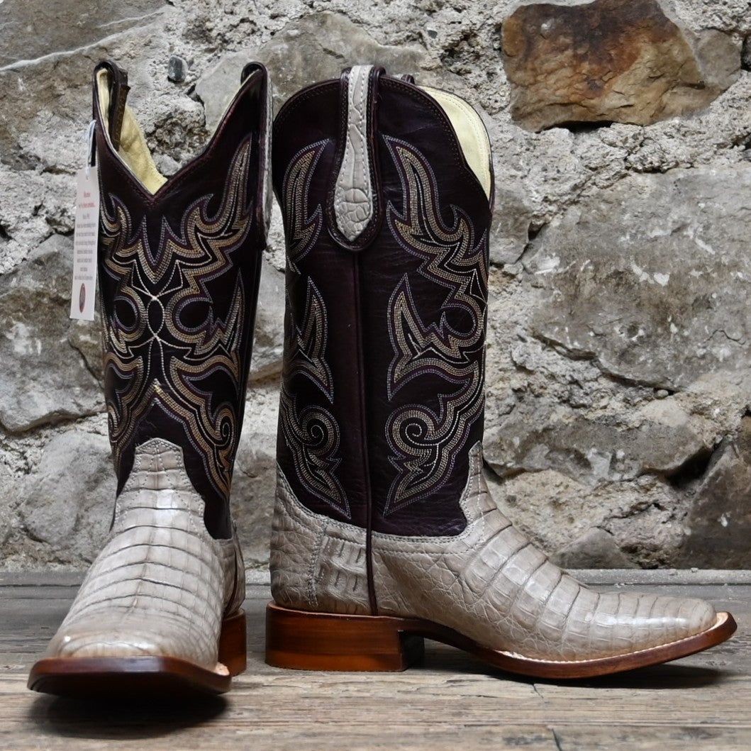 Hondo 13 inch cowboy boot with smoke caiman crocodile belly vamp and burgundy leather shaft