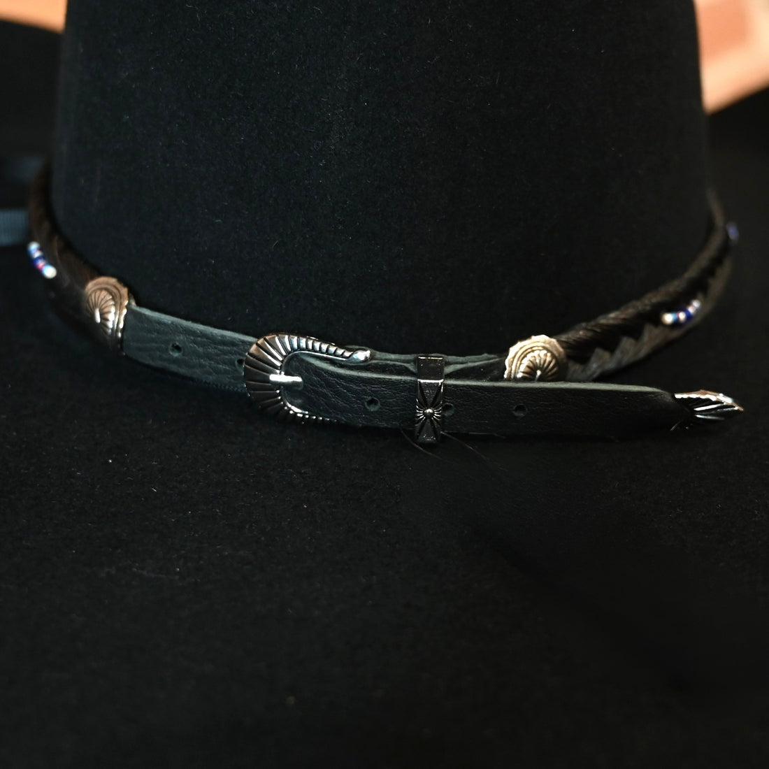 Cowboy Collectibles Bozeman braided horsehair hatband red white and blue with leather ties