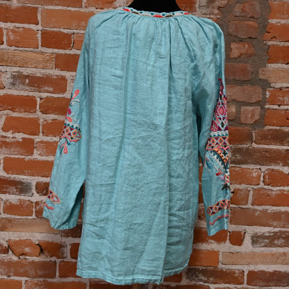 Johnny Was Kris Linen Peasant Blouse Teal