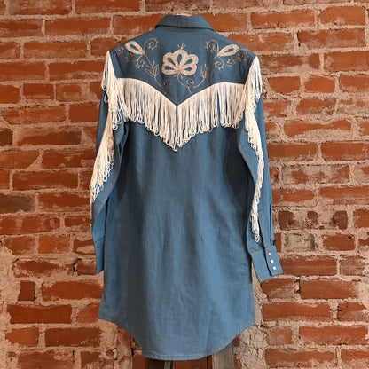View of Rockmount ladies denim Western dress with fringe and floral embroidery