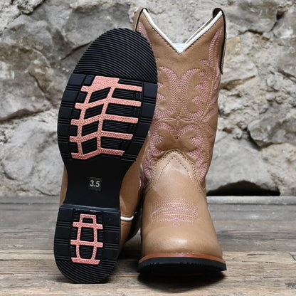 Smoky Mountain Mustang kids’ tan leather boot with U-toe and block heel