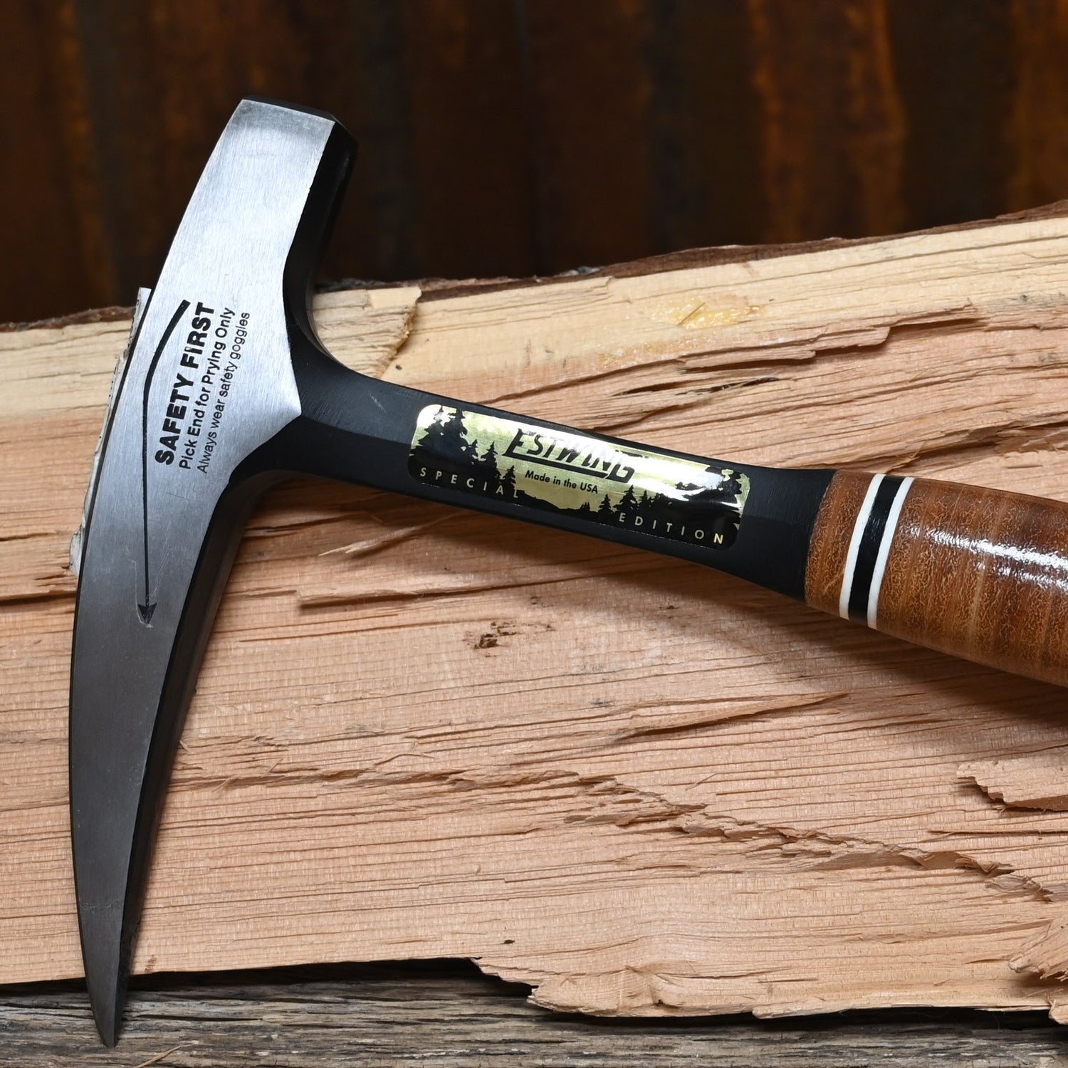 Estwing 22 oz Special Edition rock pick with pointed tip and leather grip