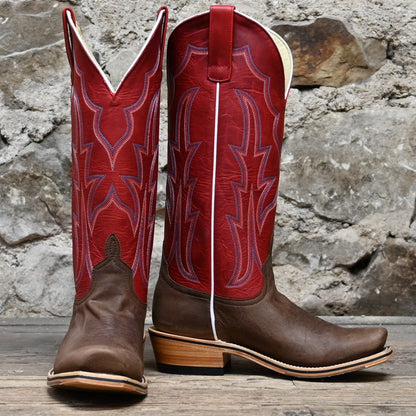 Horse Power 15-inch boot with Scarlet Fargo top and Canela Olson vamp, cutter toe, and cowboy heel