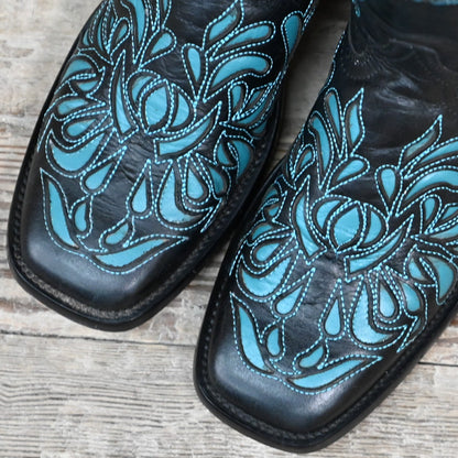 View of Hondo 13&quot; black volcano cowboy boot with turquoise inlays and wide square toe
