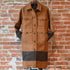 Filson Ladies Wool Long Cruiser Coat in Whiskey and Black Stripe with button front and cruiser pocket design