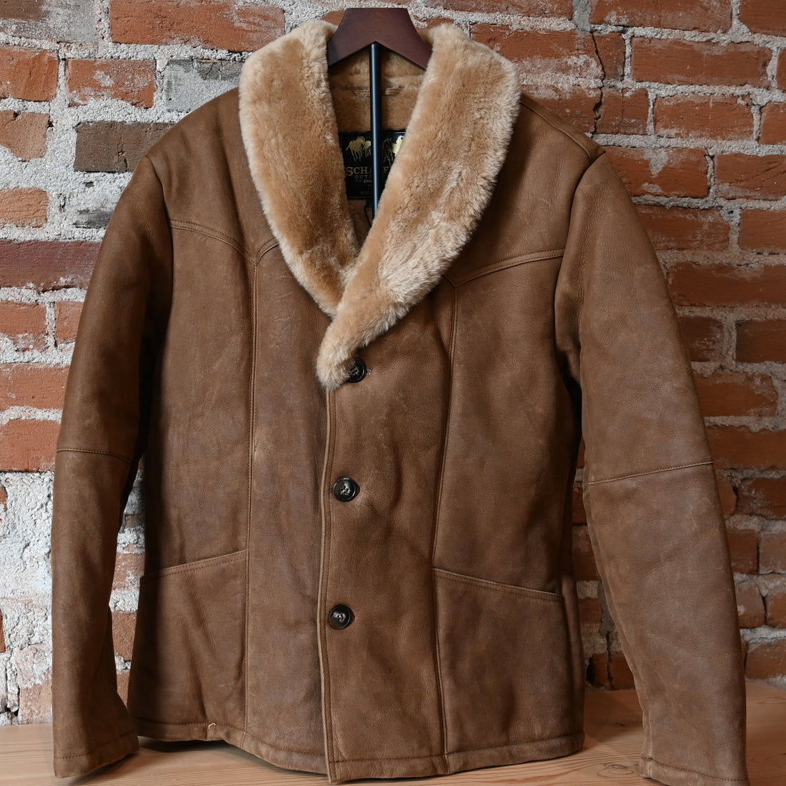 Schaefer brown shearling coat drop-in pockets lower hip length