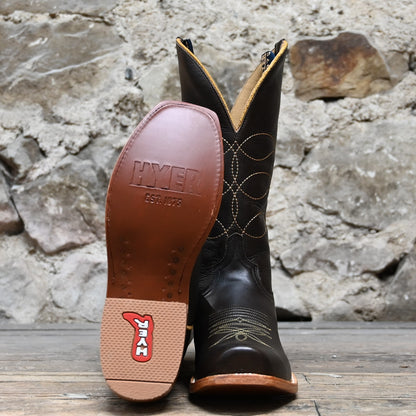 View of Hyer MAIZE 13&quot; boots showcasing chocolate Chocolate Ranch Hand cowhide vamp and shaft with Cutter toe and leather stacked heel