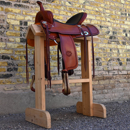 View of Billy Cook 16&quot; Russet Trail Saddle with large camouflage border tooling