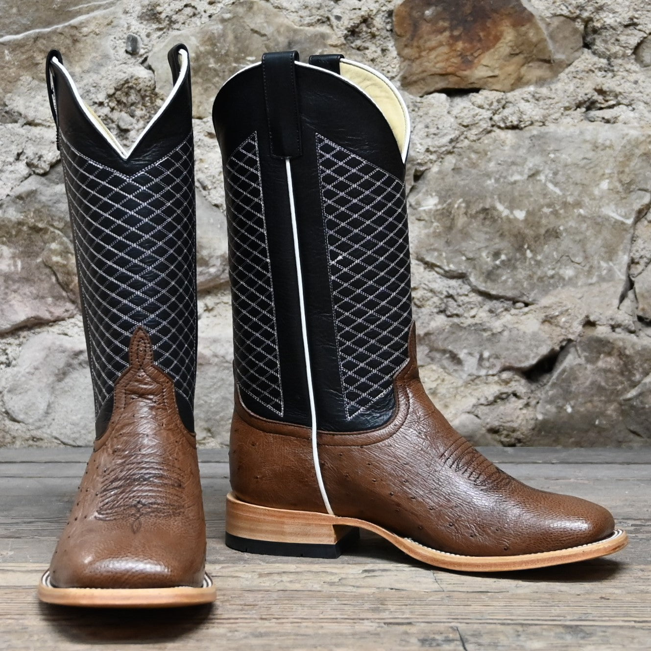 View of Horse Power Kango Boot with tobacco ostrich vamp, black shank, square toe, and pull straps