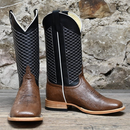 View of Horse Power Kango Boot with tobacco ostrich vamp, black shank, square toe, and pull straps