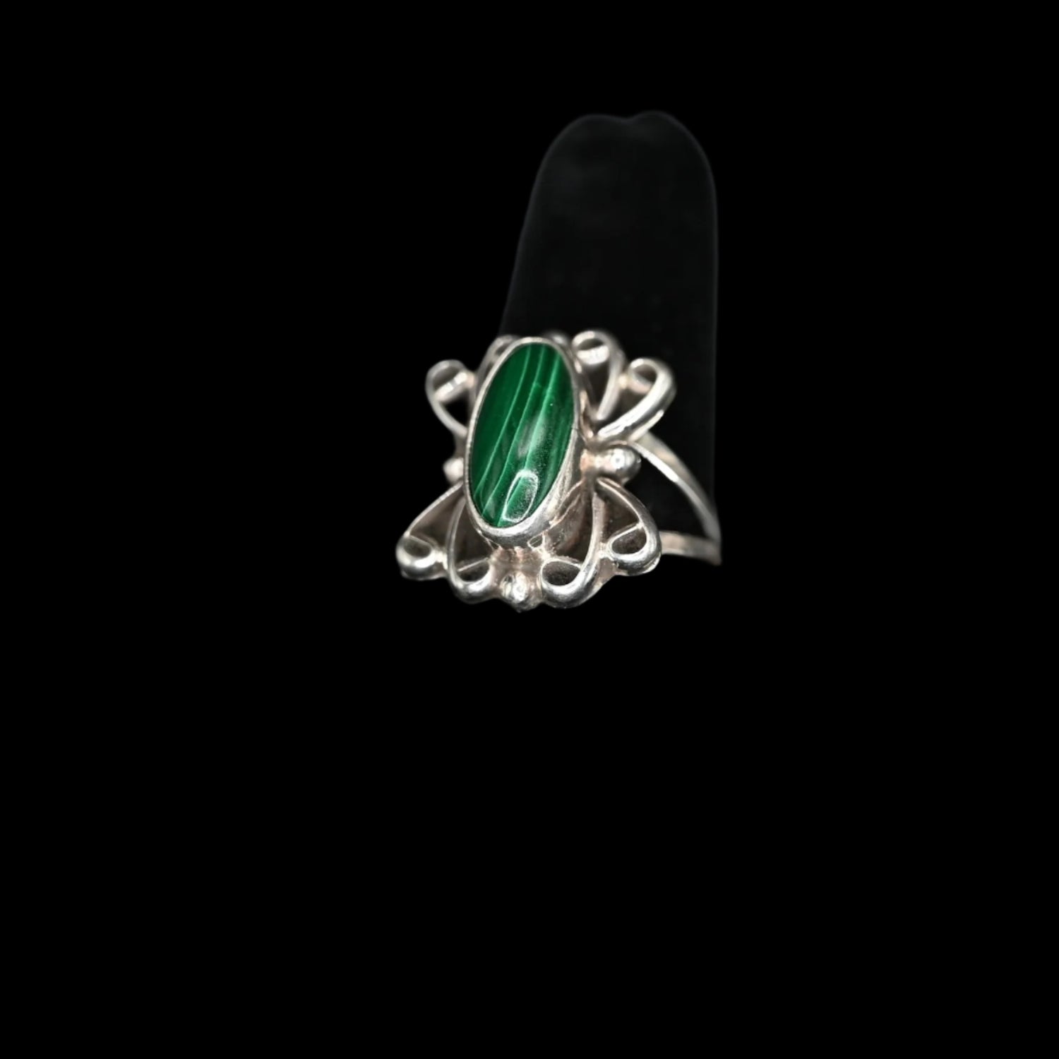 View of Sunwest Silver Malachite Stone Ring featuring a vibrant malachite stone set in sterling silver, size 7