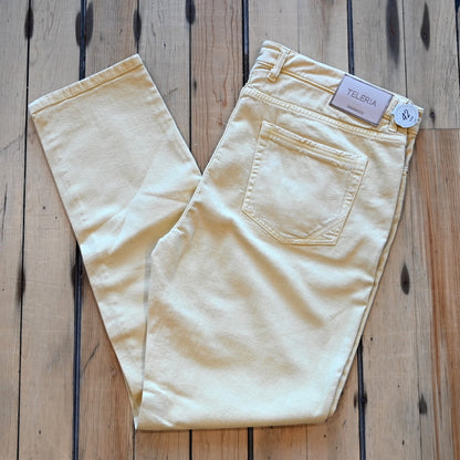 Teleria Zed 5 Pocket Jeans in Cobra soft Italian light yellow denim with classic five-pocket design