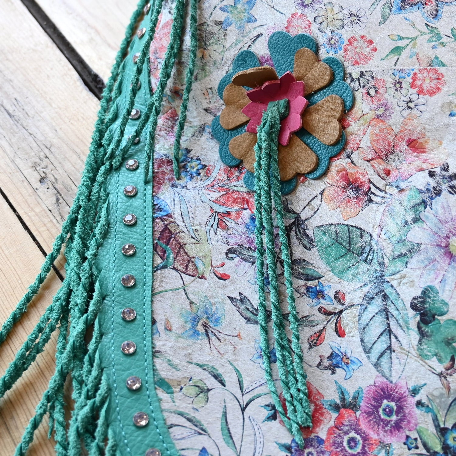 View of Heart of the West Floral Acid Wash Chinks with fringe detailing (34-38 inch waist)