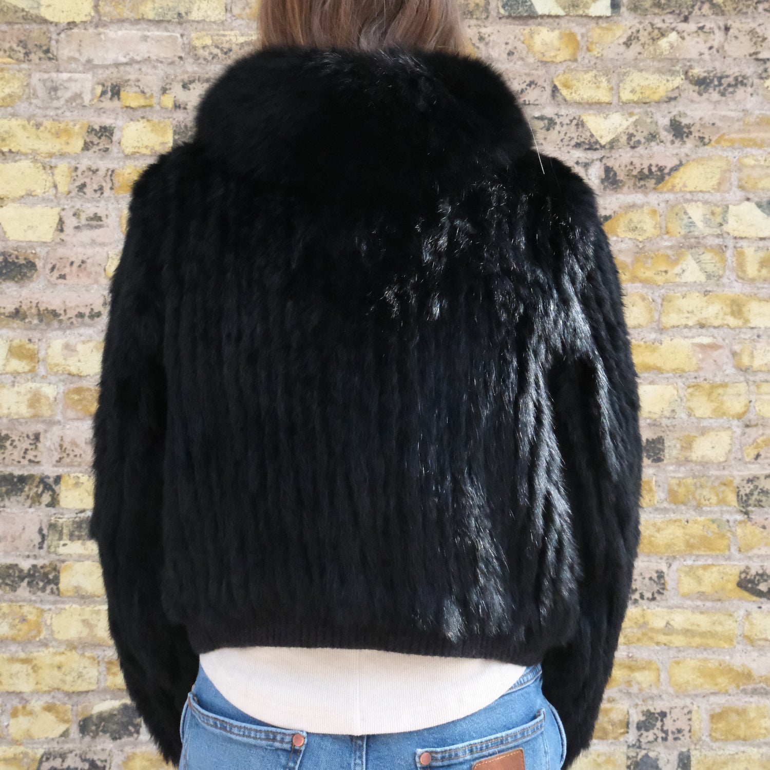 Morris Kaye black rabbit fur jacket with fox trim