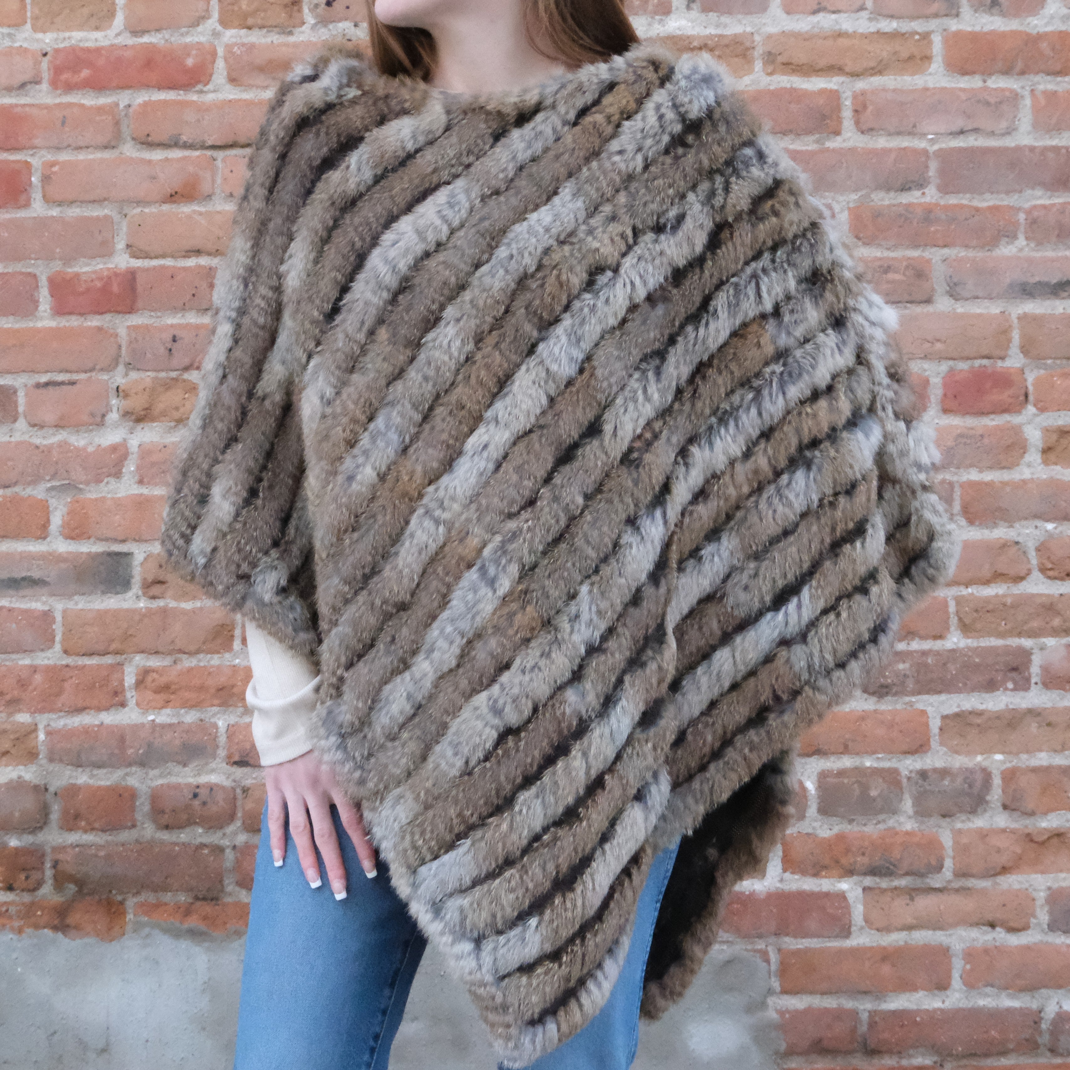 Morris Kaye natural knitted rabbit fur poncho in longer silhouette