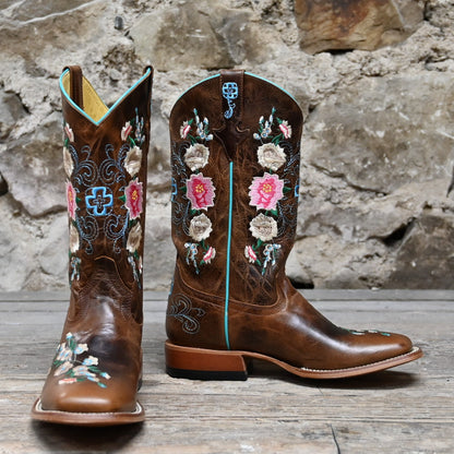 View of Macie Bean Kids Honey Bunch boot in honey leather with floral embroidery and square toe