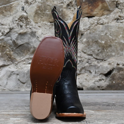 View of Hyer LEAWOOD 13&quot; boots showcasing black top-shelf cowhide with black vamp, Cutter toe, and leather stacked heel