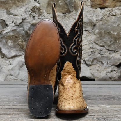 View of Hondo full quill umber ostrich boot with brown volcano top, medium round toe, and pull straps