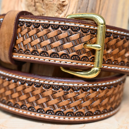 Silver Spurs Saddlery Leather Basket Weave Belt view of close up