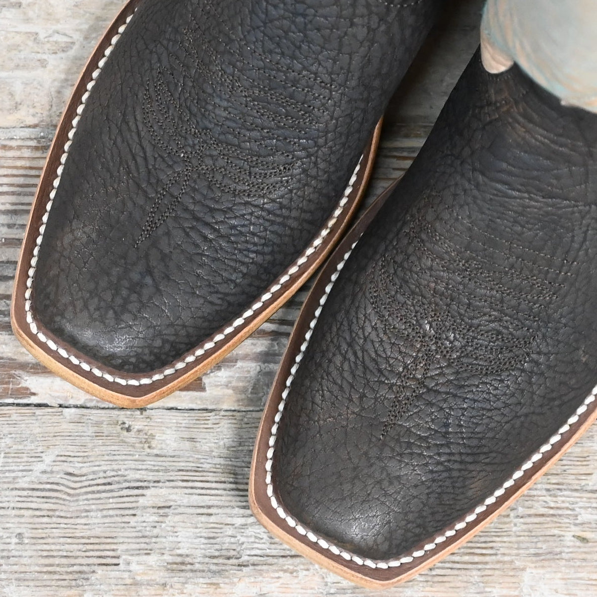 View of Macie Bean 15″ boot with bone shaft, grey bullhide vamp, cutter toe and City Girl heel