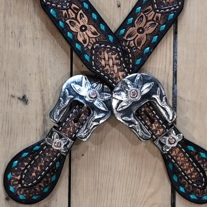 View of Detail of Weaver Turquoise Floral Buckstitch Ladies Spur Straps with Buckles.