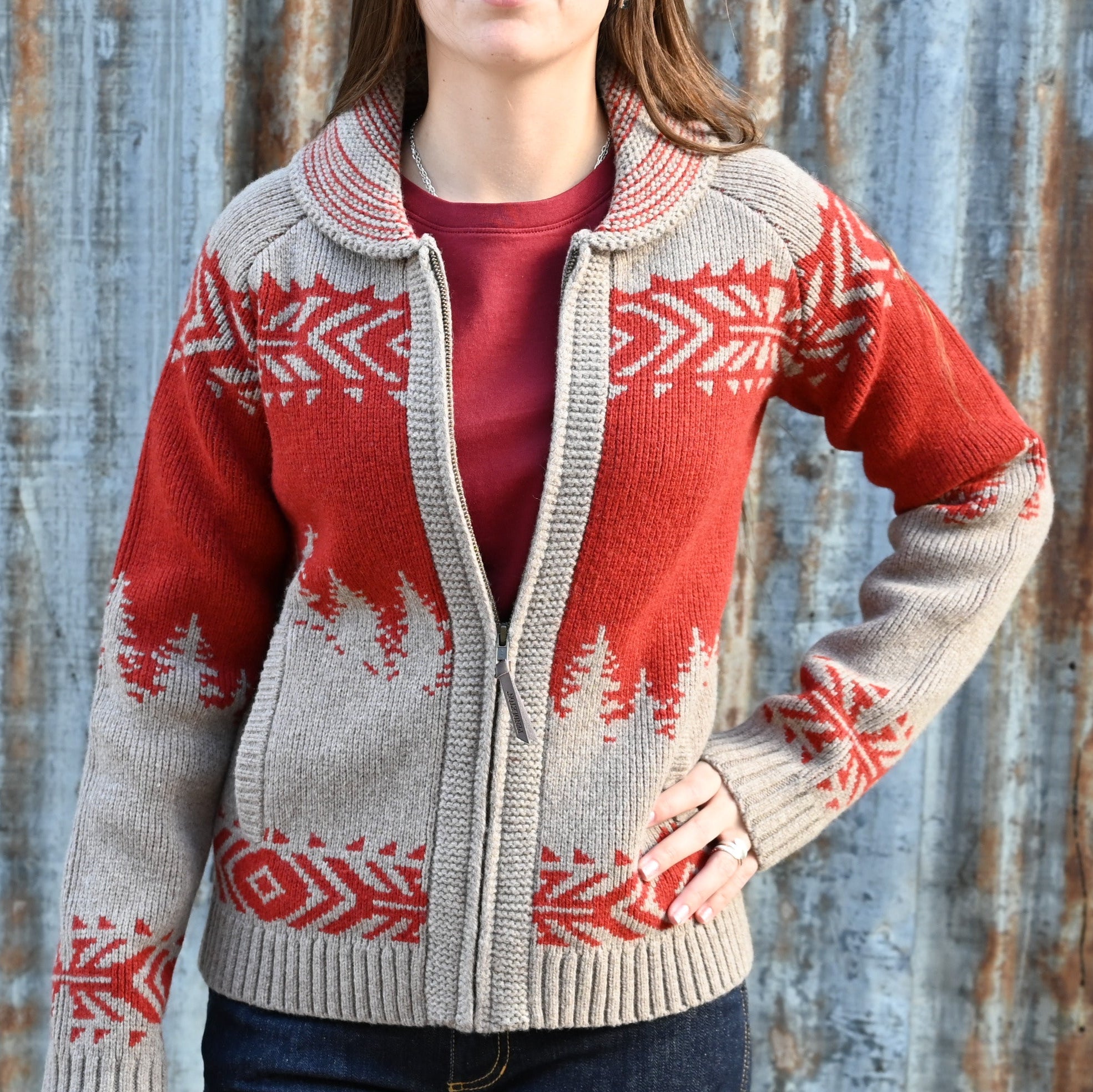 View of Pendleton ladies lambswool cardigan in natural and scarlet with alpine winter motifs