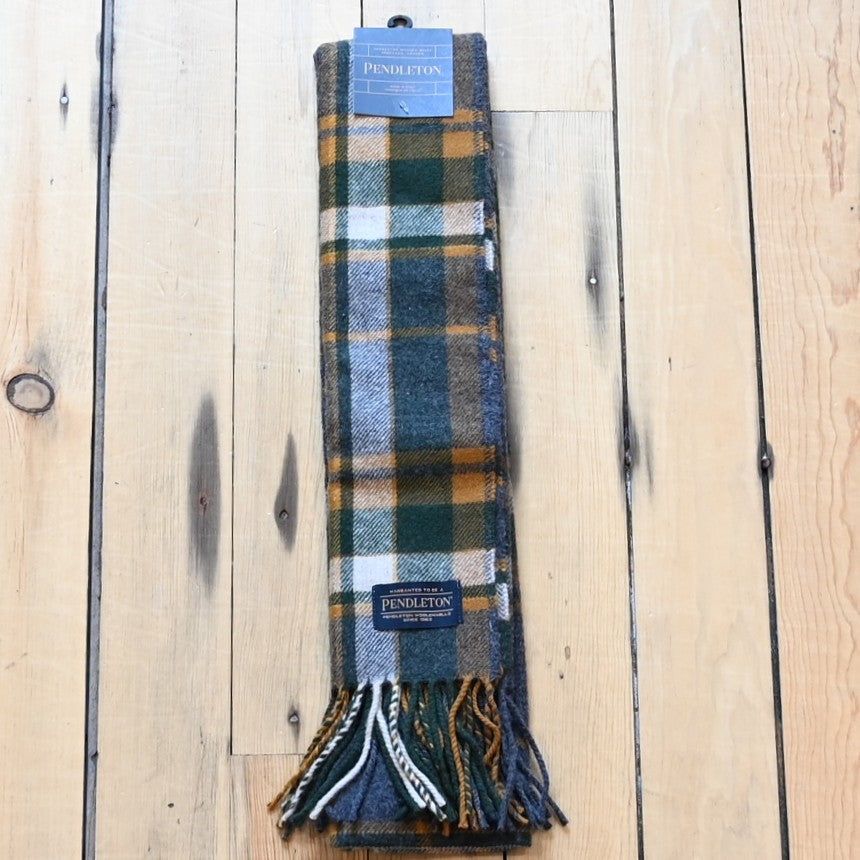 Pendleton Whisperwool Muffler scarf in charcoal multi plaid lightweight virgin wool.