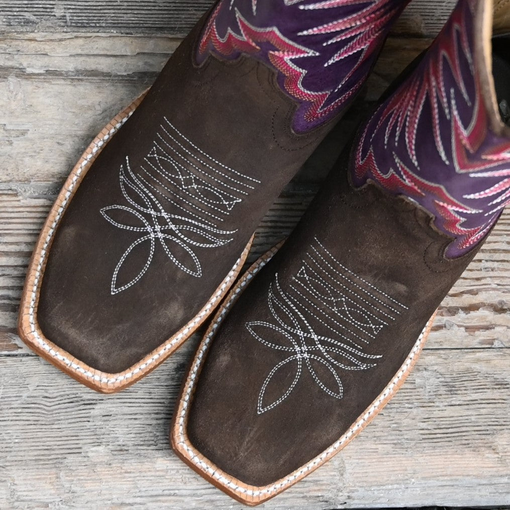 View of Hyer ROSE HILL 13&quot; boots showcasing eggplant cowhide top and chestnut cowhide vamp with broad square toe and Stockman block heel