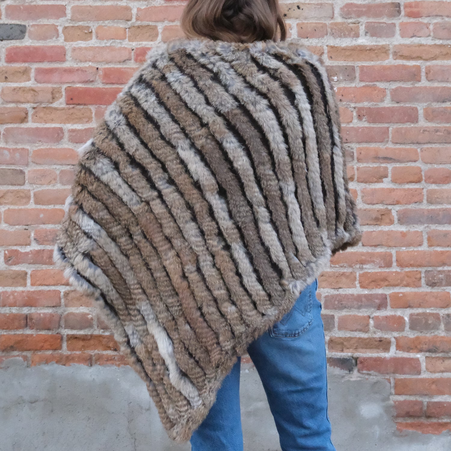 Morris Kaye natural knitted rabbit fur poncho in longer silhouette