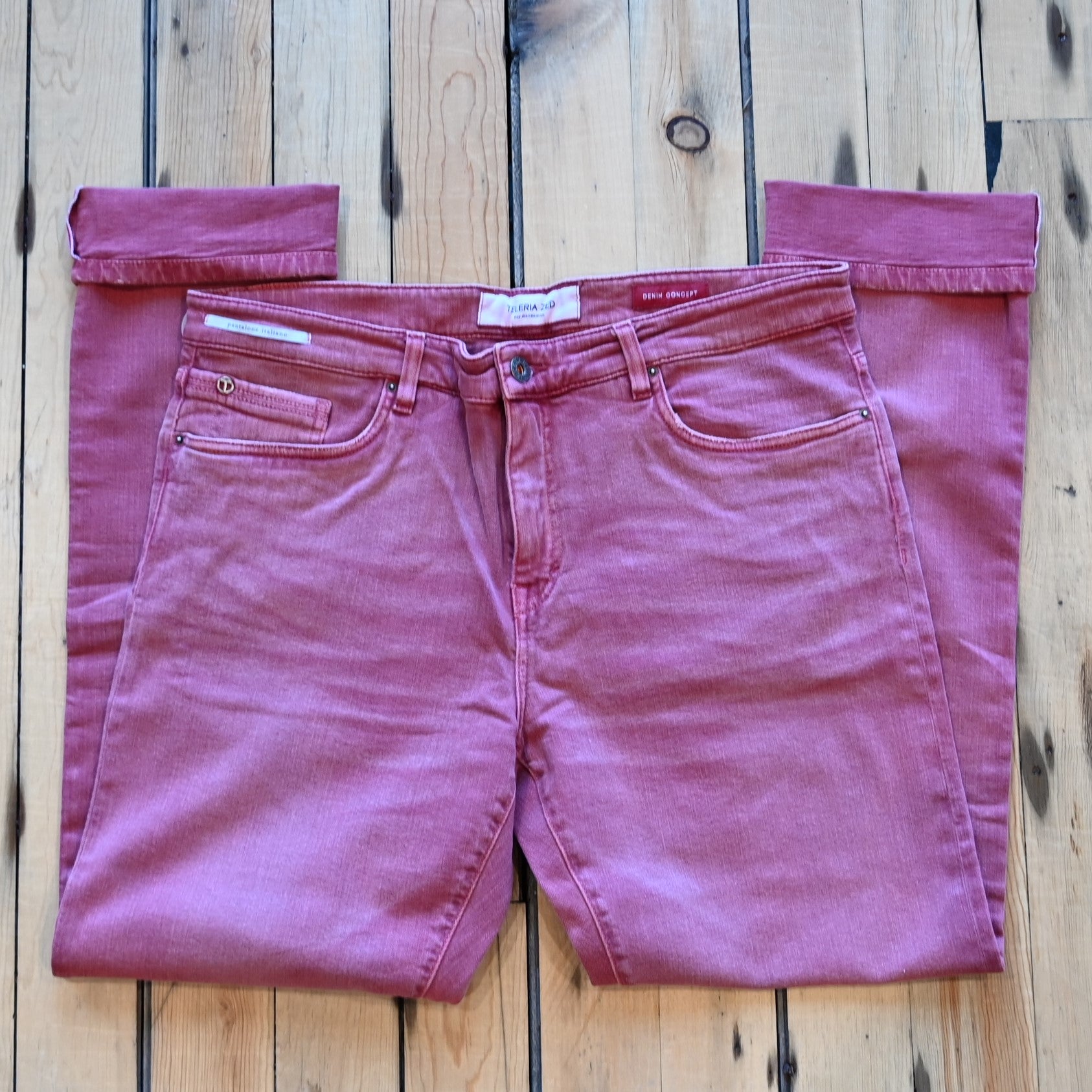 Teleria Zed 5 Pocket Jeans in Fragola soft Italian strawberry red denim with classic five-pocket design