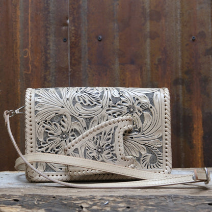 Que Chula El Guante cream tooled leather purse with glove style hand strap