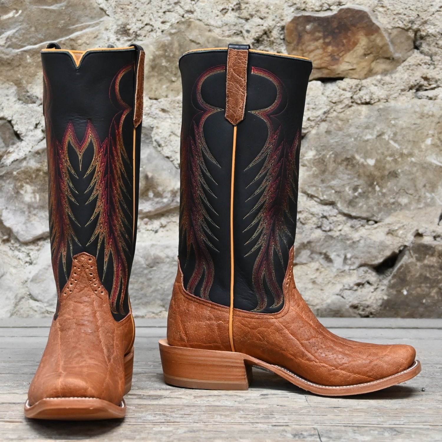 Exclusive Rios of Mercedes boot with Honey elephant vamp and Black Waxy Kansas 14″ top