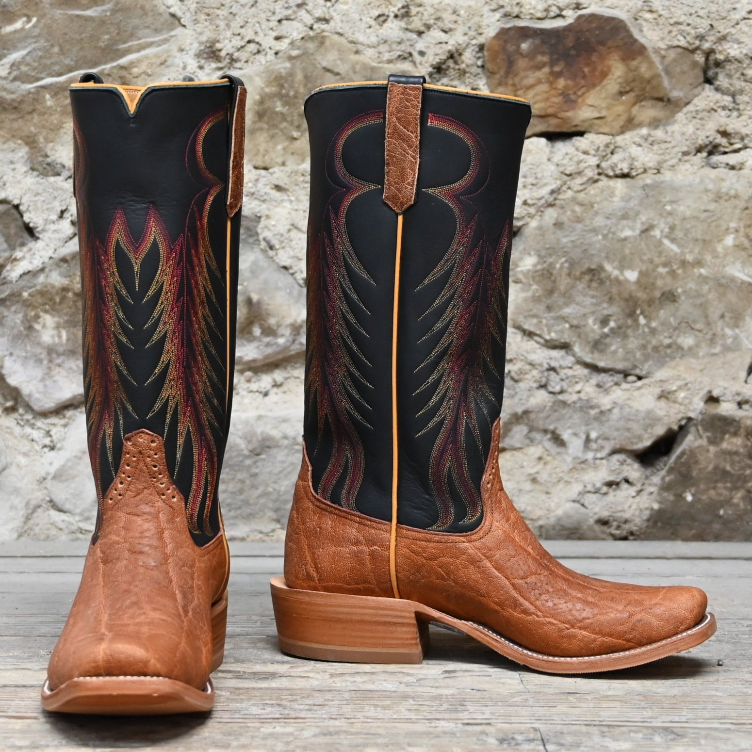 Exclusive Rios of Mercedes boot with Honey elephant vamp and Black Waxy Kansas 14″ top