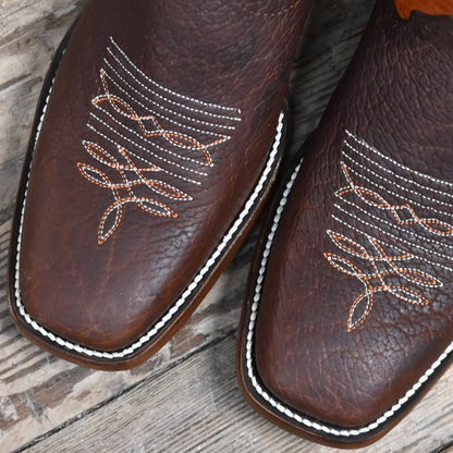 View of Hondo 12&quot; bronc boot with mango volcano top, tobacco oiled bullhide vamp, and spur ledge