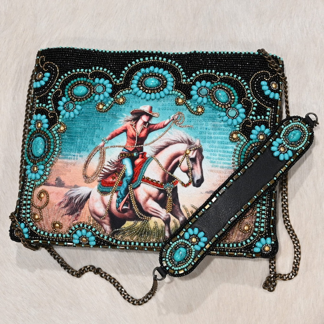 Mary Frances cowgirl crossbody handbag with Western beadwork