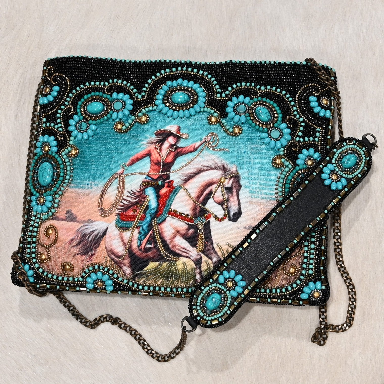 Mary Frances cowgirl crossbody handbag with Western beadwork