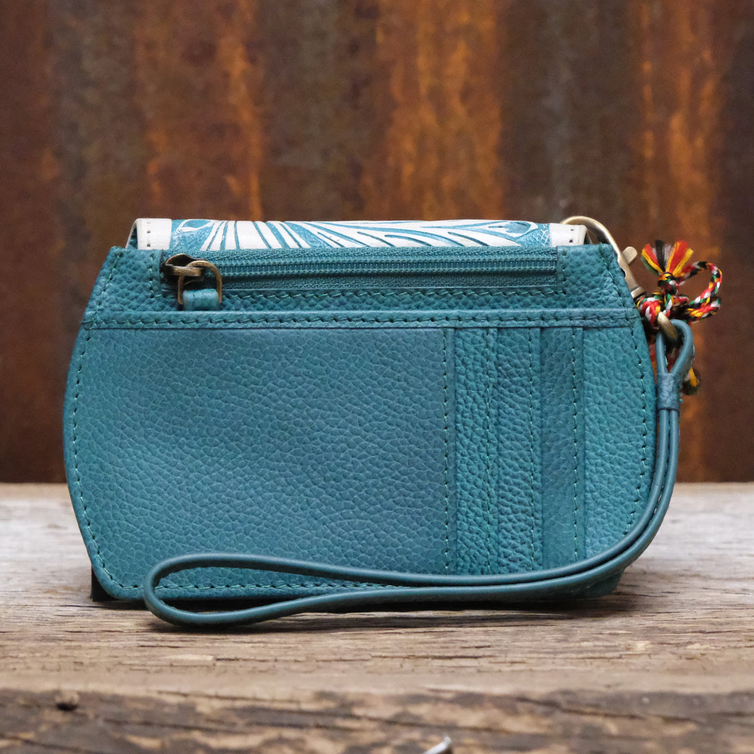 Myra turquoise Canyon Bloom canvas wallet with leather trim and zipper closure