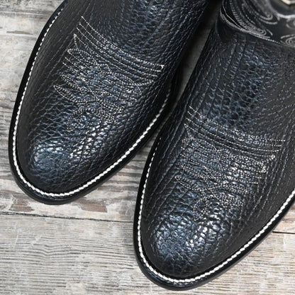 View of Hondo 13&quot; all-black cowboy boot with bullhide vamp, medium round toe, and pull straps