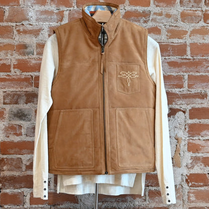 View of Double D Ranch Bronco Blanket Reversible Vest – Reversible suede vest with a vibrant blanket pattern and soft suede on the reverse side for versatile styling