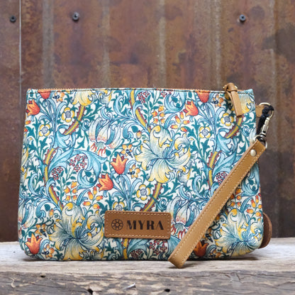 Myra My Own Garden printed canvas clutch bag with leather trim and zipper closure