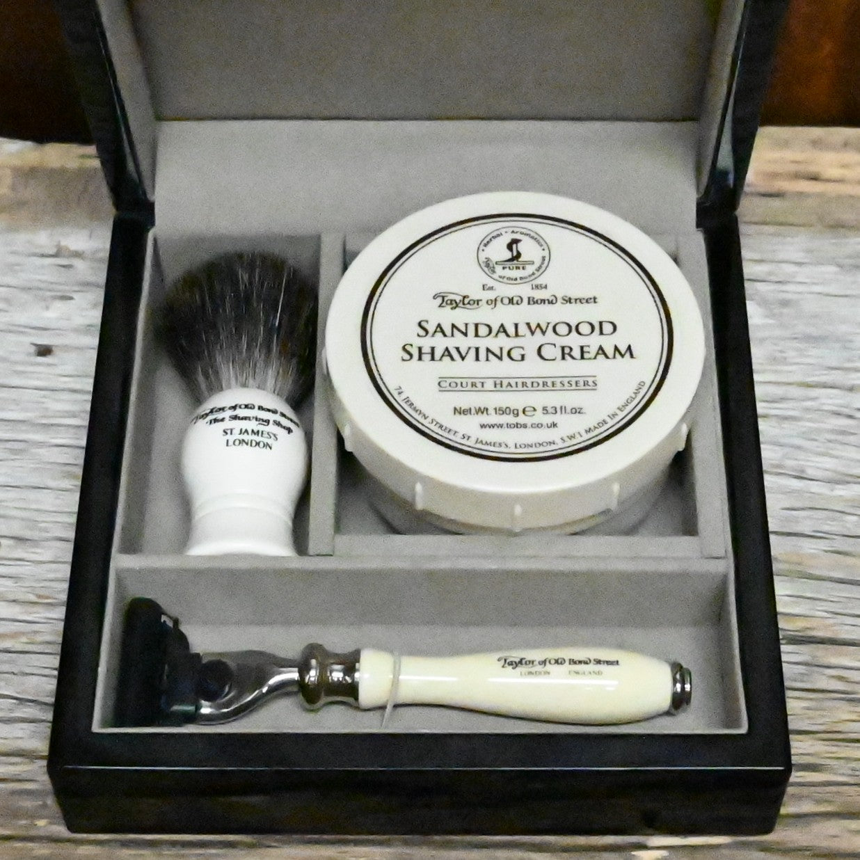 Taylor of Old Bond Street Sandalwood shaving gift set with bowl brush and razor