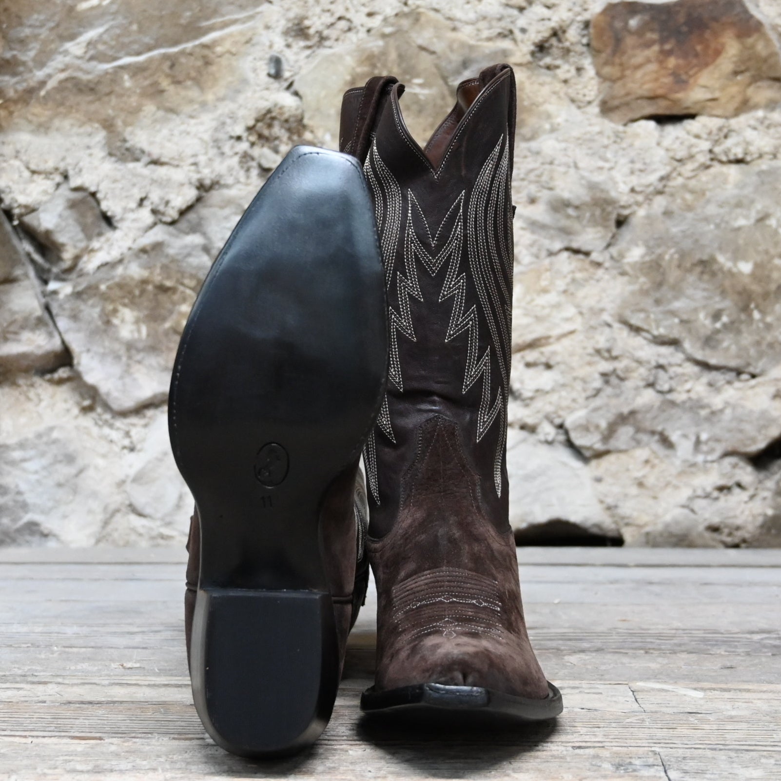 View of Stallion Men’s 13&quot; chocolate boot with nubuck suede vamp, calf shaft, and light Western stitching