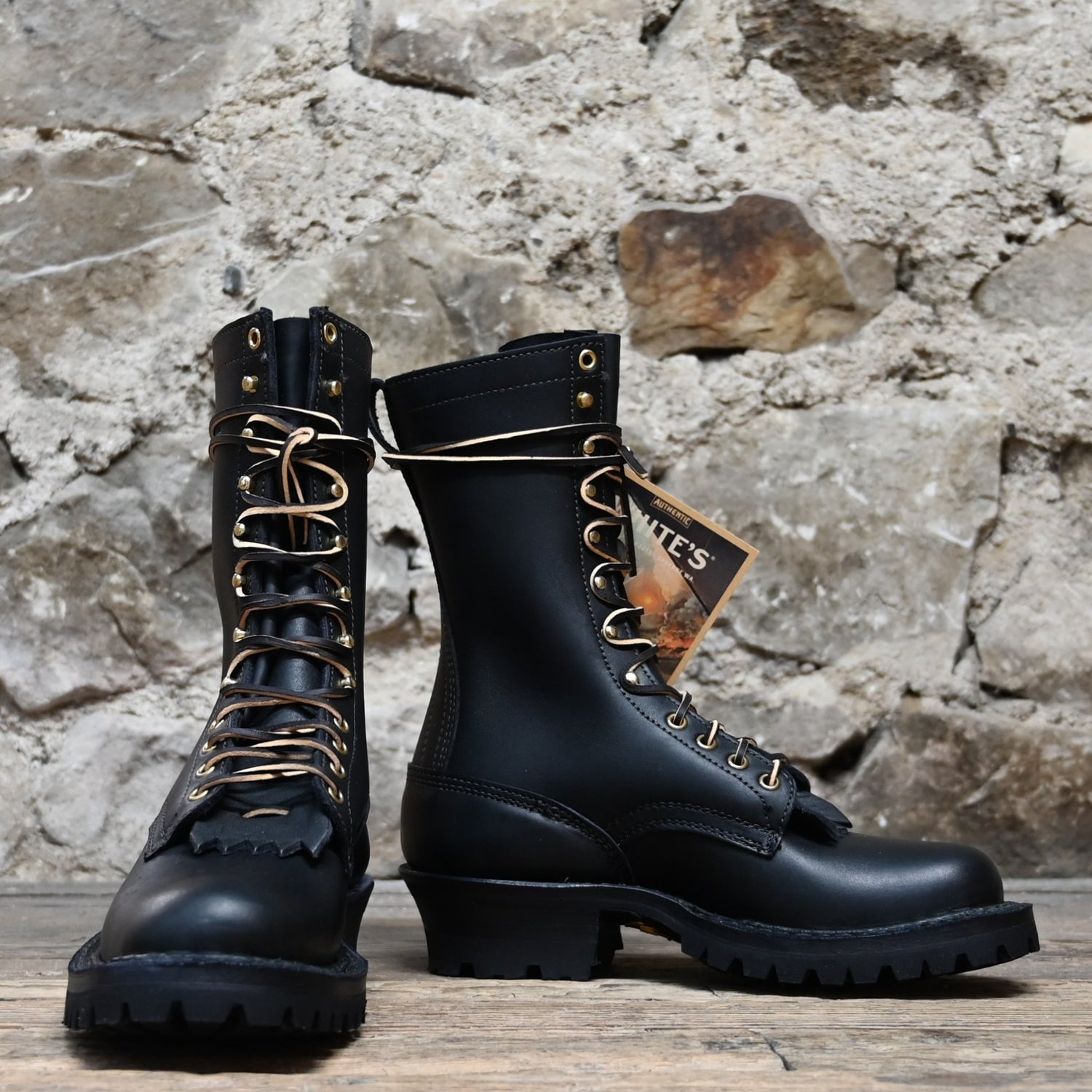 View of White’s 10″ Original Smokejumper logger-style boot with Vibram Fire &amp; Ice sole and hand-sewn stitchdown upper