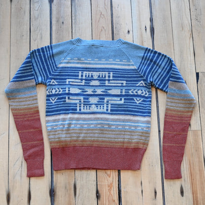 View of Pendleton cotton raglan sweater in Glacier Blue Multi with ombré chest design