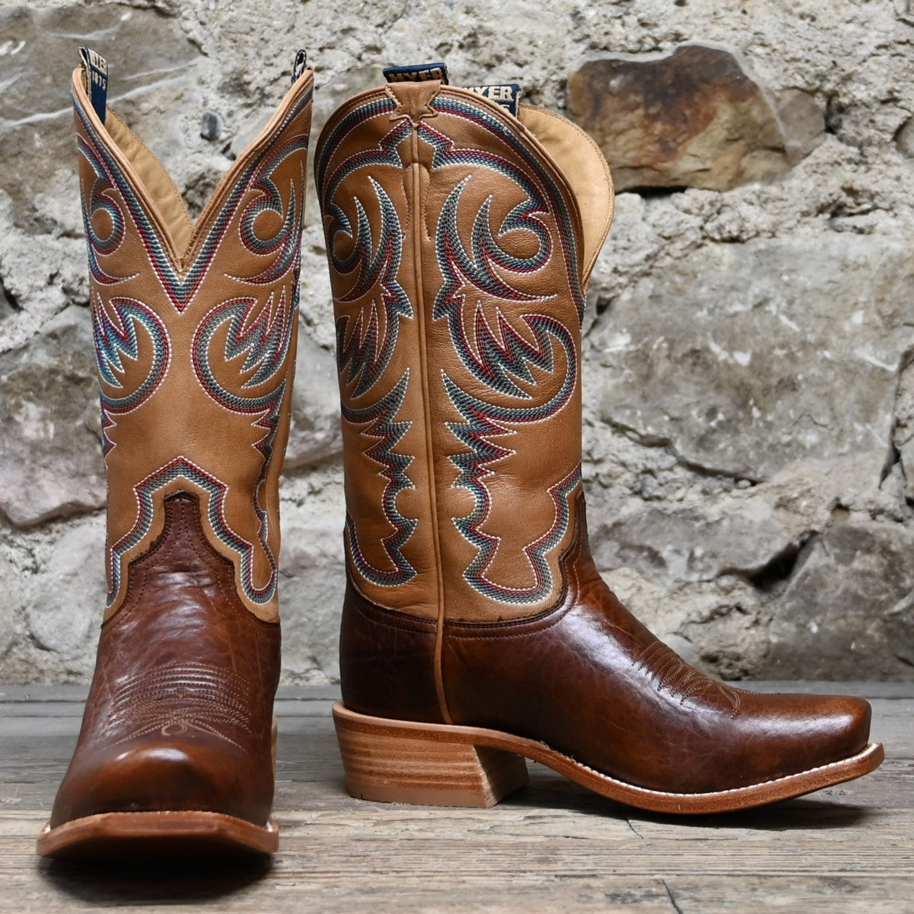 View of Hyer HAYS 13&quot; boots showcasing brown Navaro American Bison vamp and Honey Mestizo cowhide top with Cutter toe and underslung heel