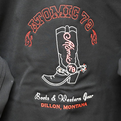 Carhartt Black Crowley Soft Shell w/ Atomic 79 Embroidery on back view of logo